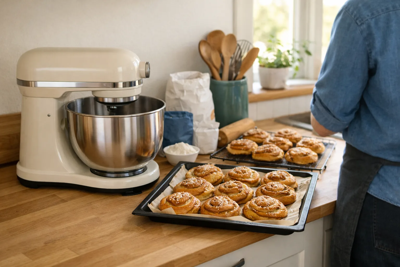 Köksmaskin vid kanelbullar på en köksbänk.